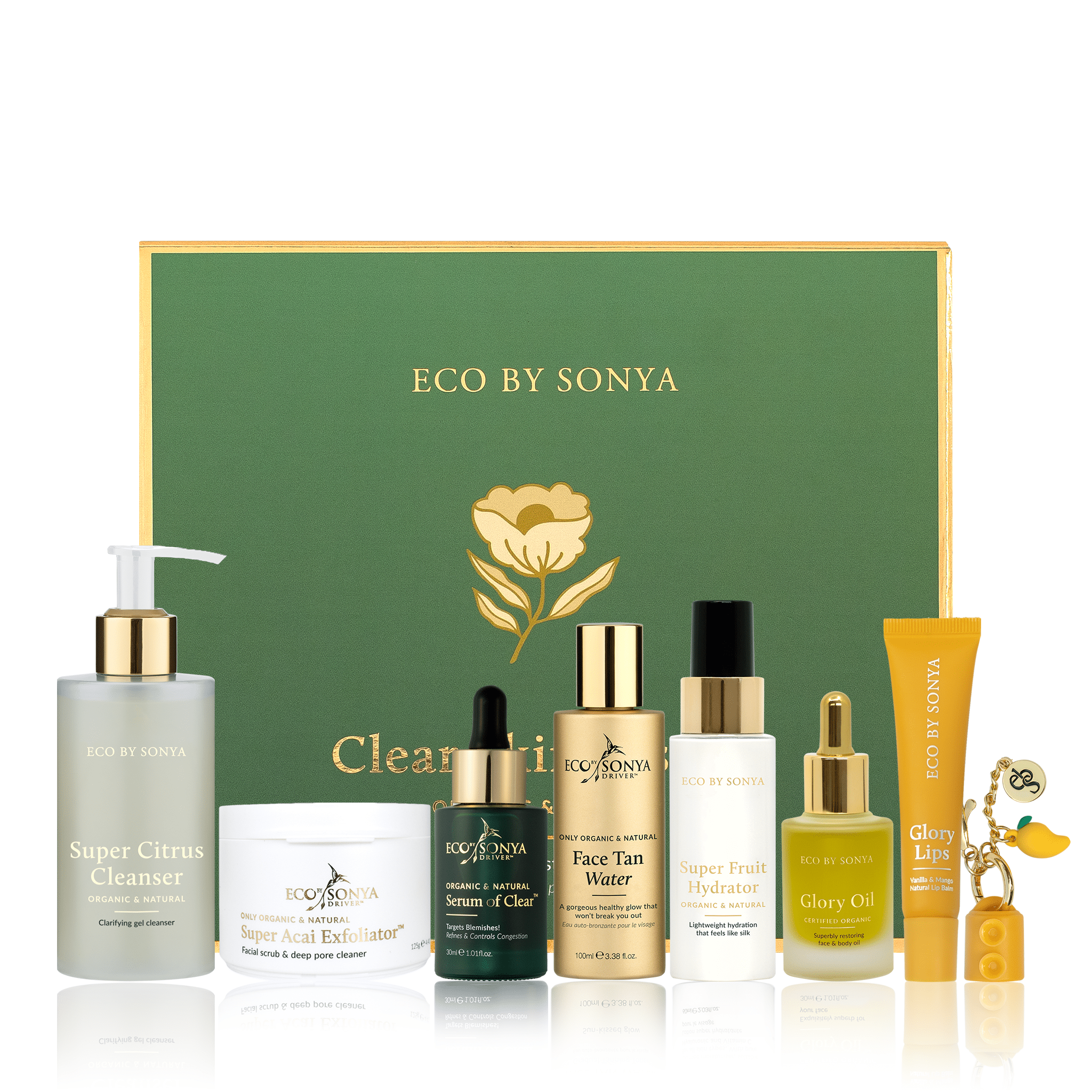 Products contained in the Eco By Sonya Clear Skin with it's Box in the background