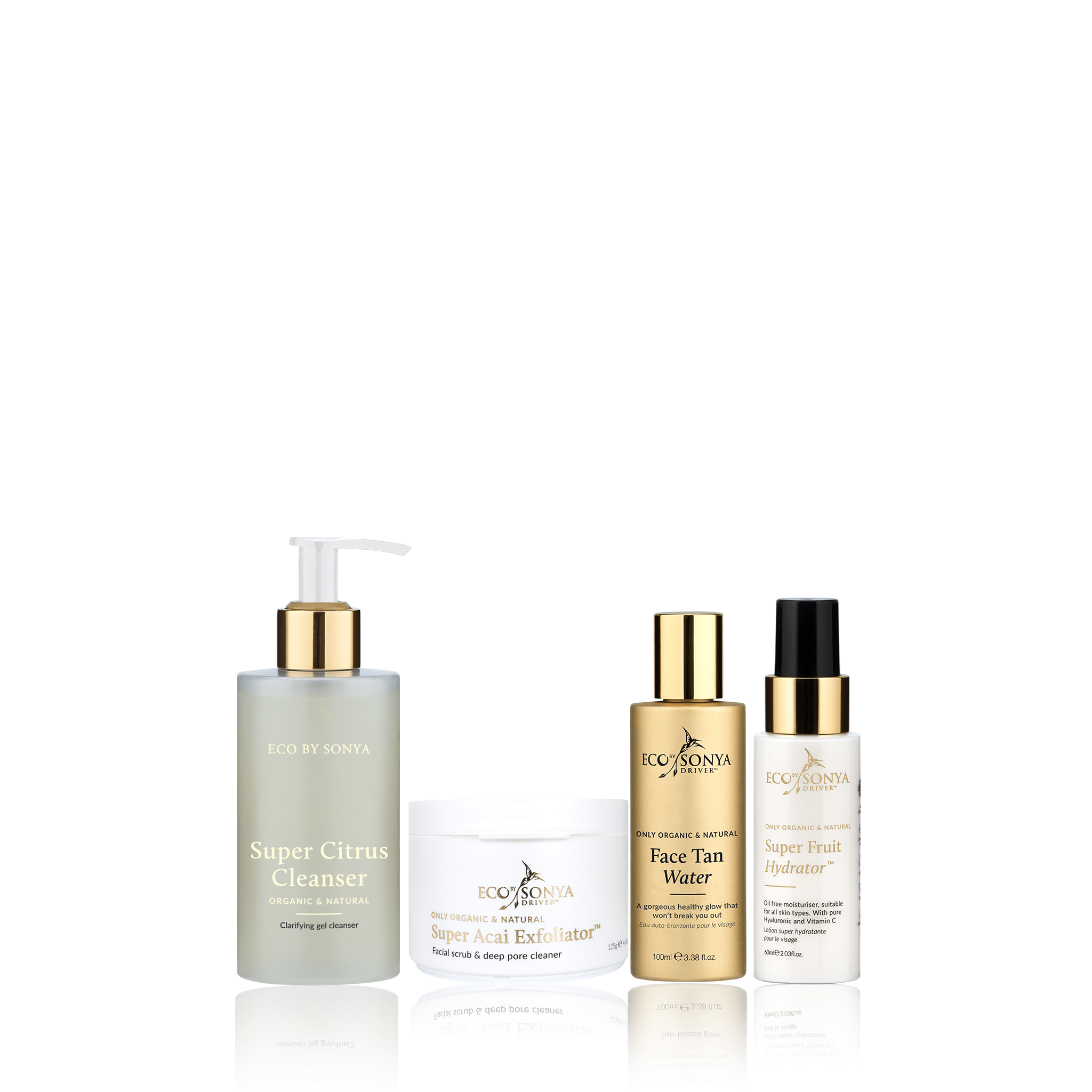 Set of skincare products including Super Citrus Cleanser, Face Tan Water, Super Fruit Hydrator and Super Acai Exfoliator