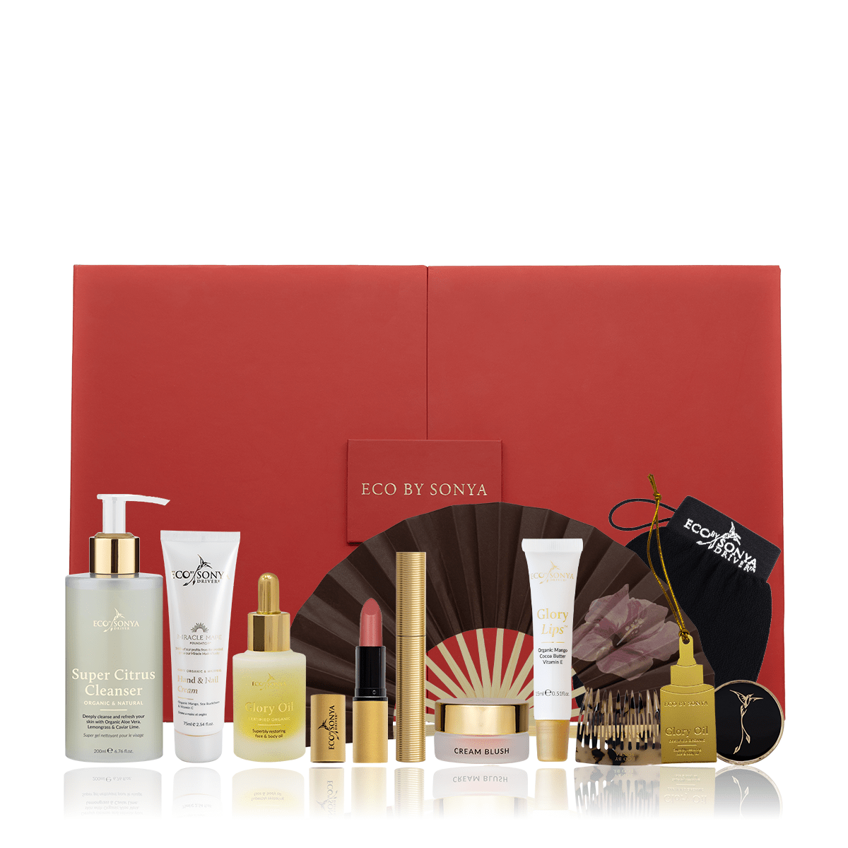 12 Days of Eco By Sonya Advent Calendar for Christmas showing all cosmetic products in front of beautiful red box.