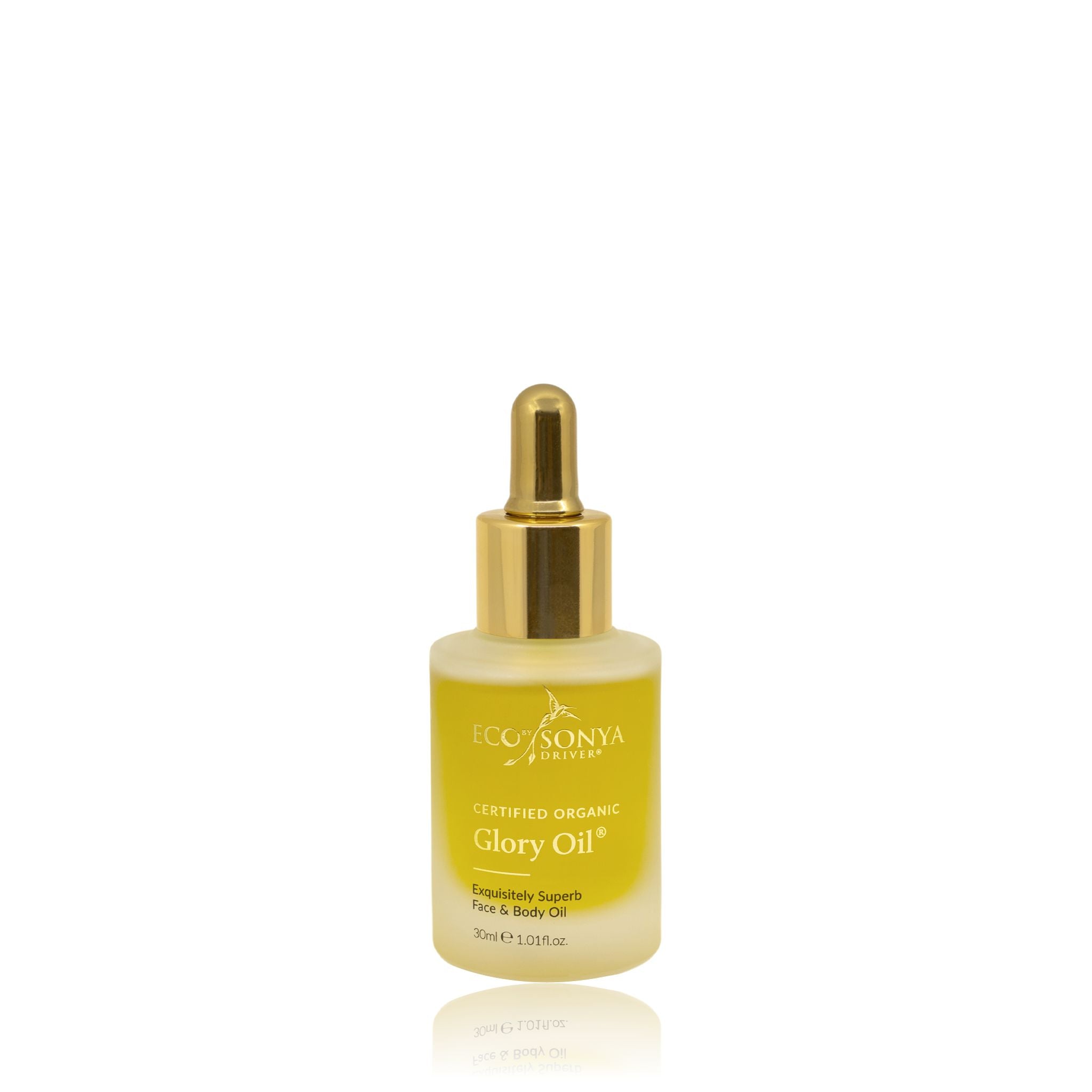 Eco By Sonya Glory Oil 30ml bottle with golden dropper on white background, organic natural face oil for nourishing skin.