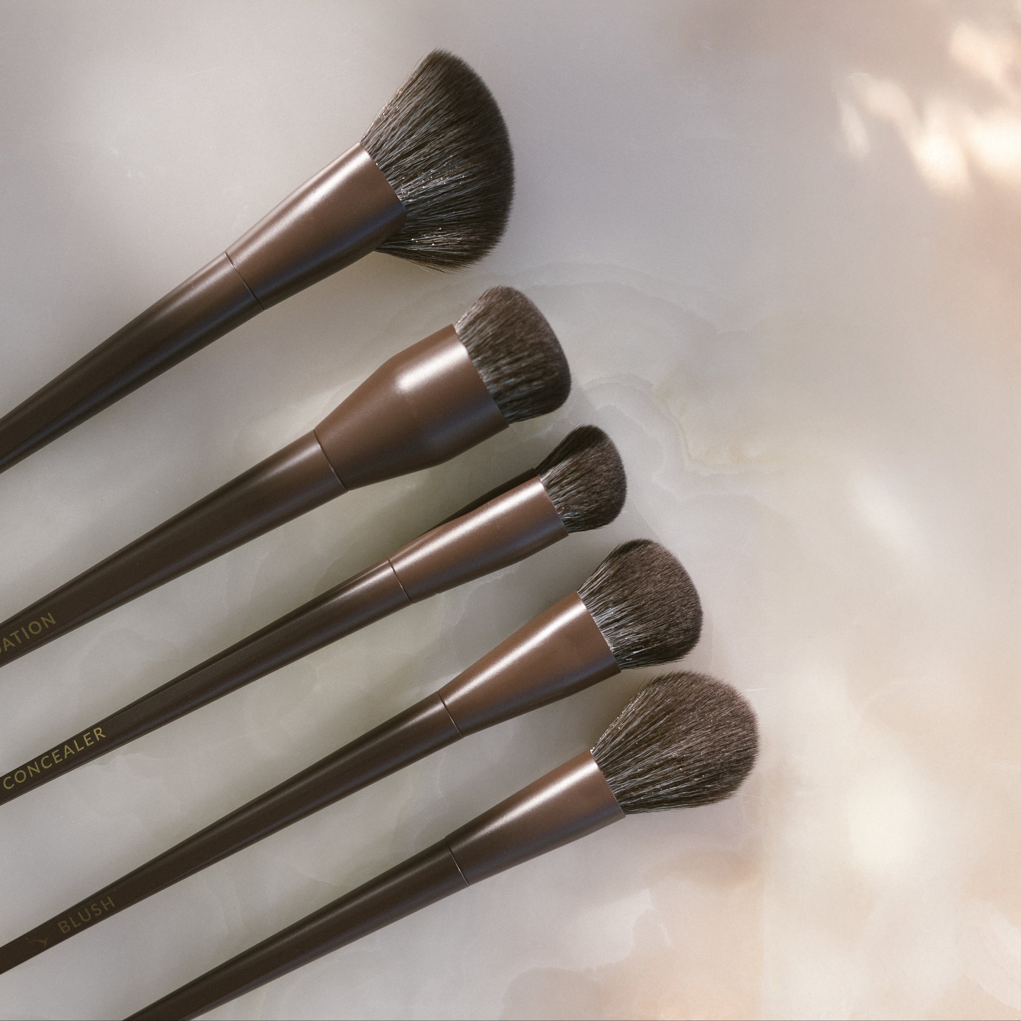 5 of the Eco By Sonya Makeup Brushes on a light surface