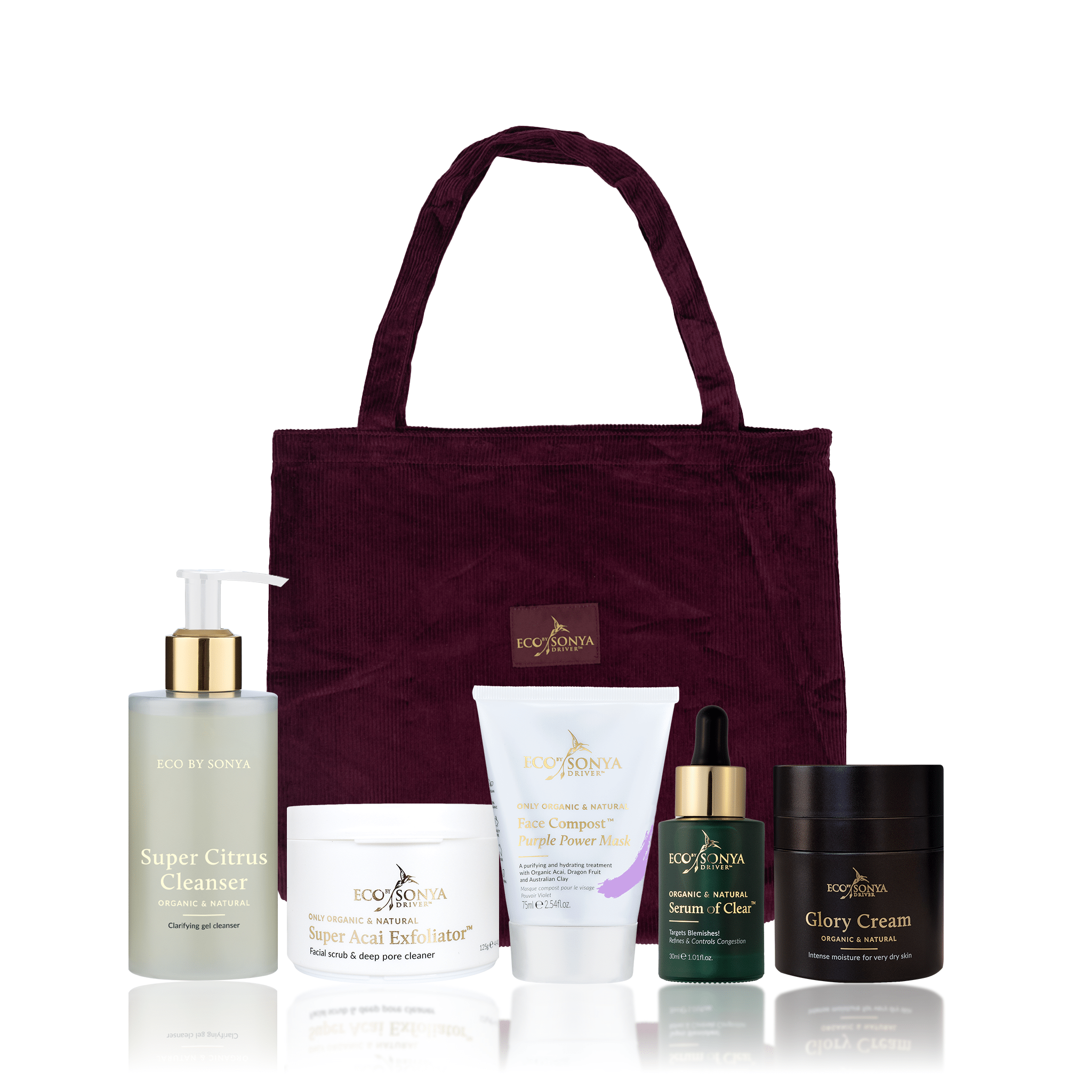 Eco By Sonya Resurfacing Pack including Super Citrus Cleanser, Super Acai Exfoliator, Purple Face Mask, Serum of Clear and Glory Cream. With the tote bag in the background.