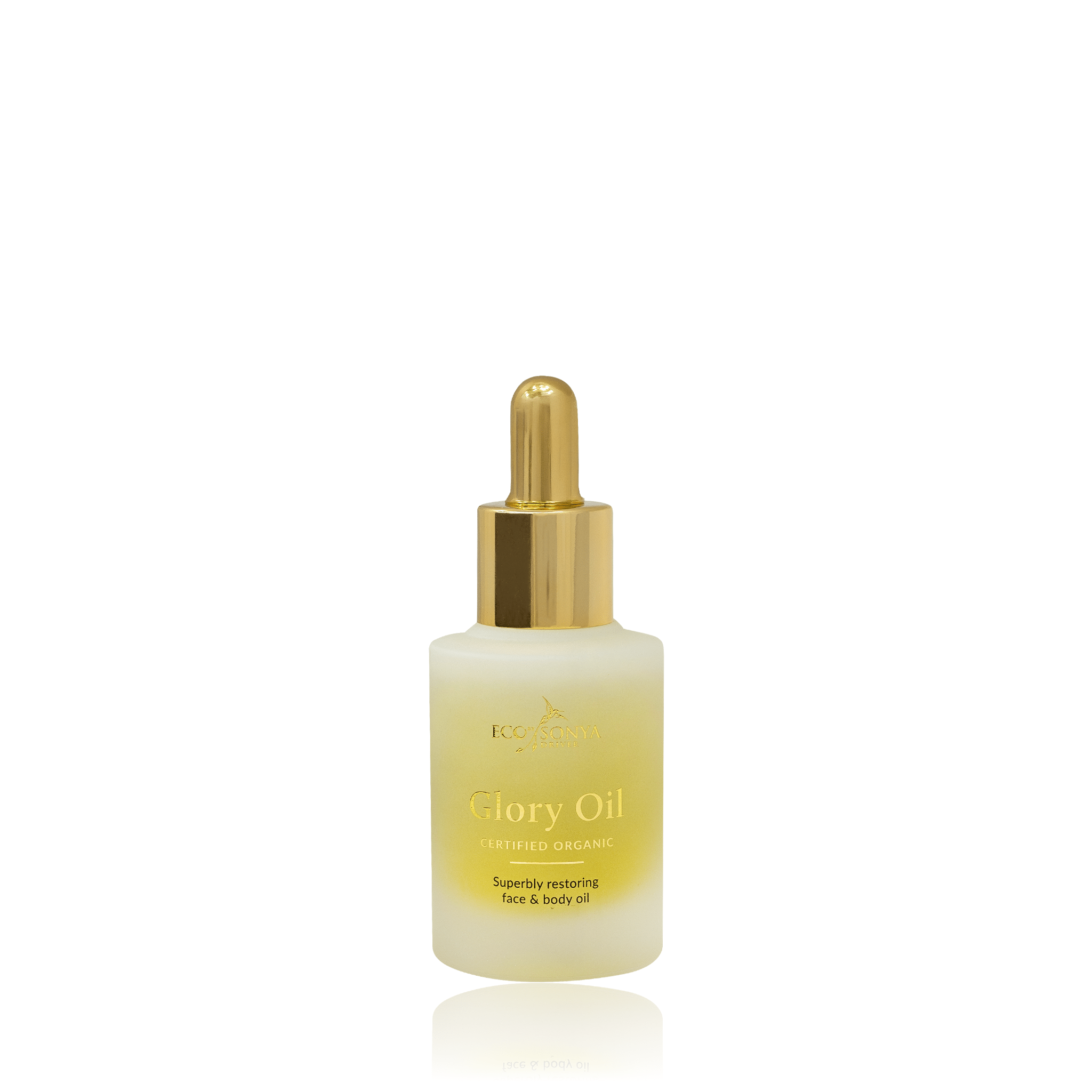 Bottle of 'Glory Oil' with a gold dropper on a white background