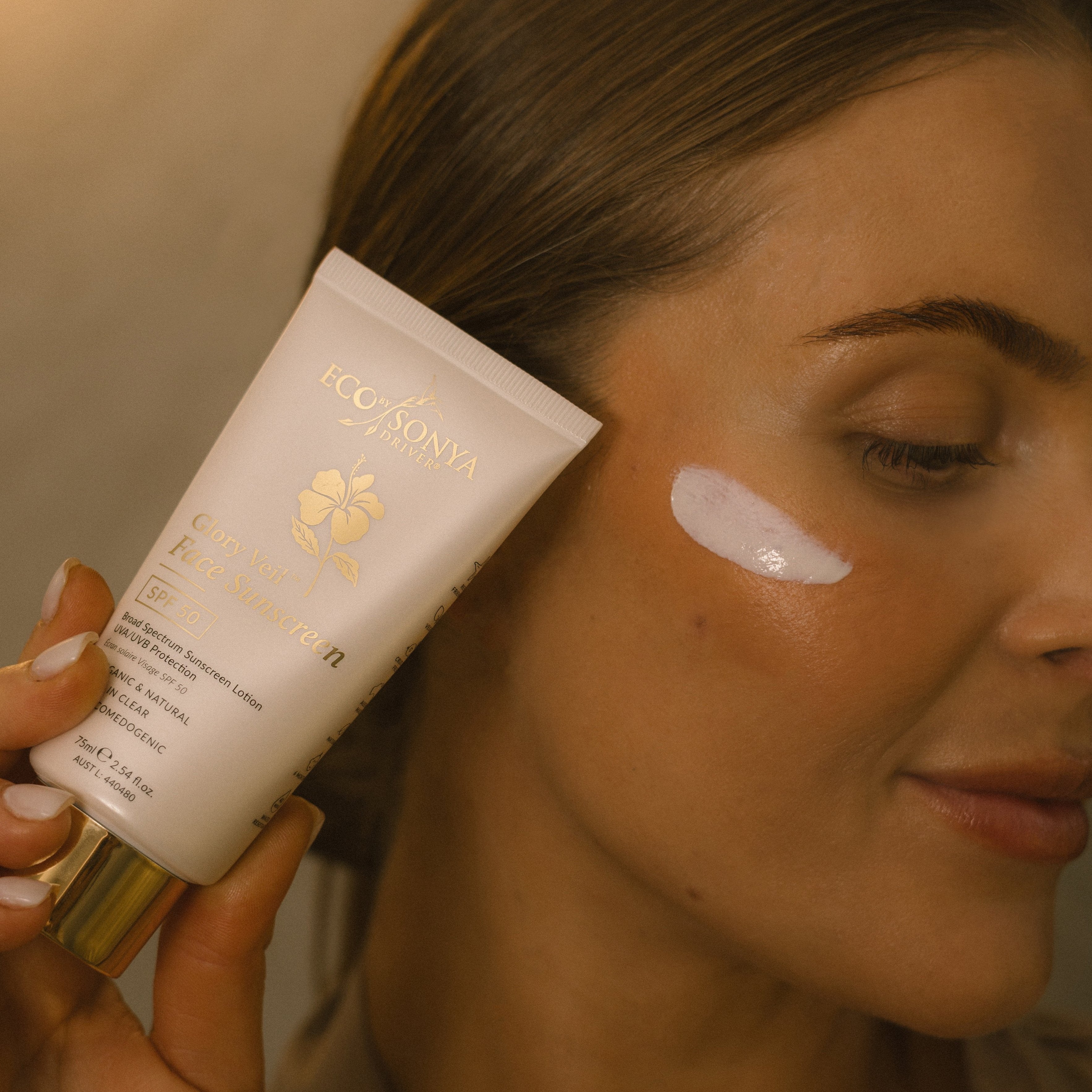 Eco by Sonya Glory Veil Face Sunscreen SPF 50 natural sunscreen smear on face portrait