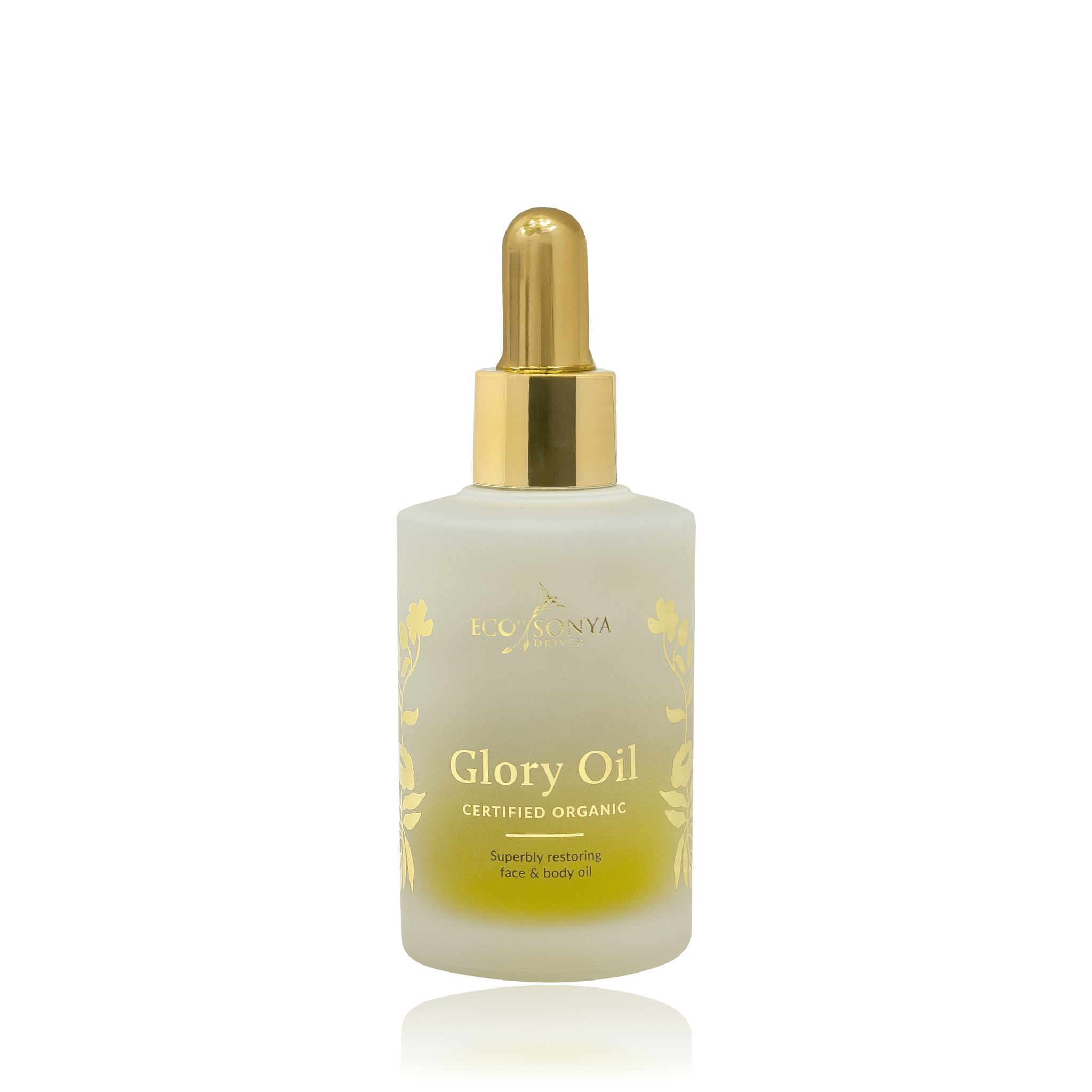 Bottle of 'Glory Oil' with a dropper on a white background